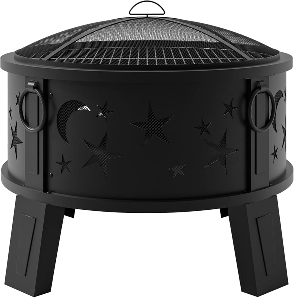 26" Outdoor Fire Pit with Grill & Mesh Cover 🔥 Heavy Duty Wood Burning Patio Fire Bowl for Backyard, Garden & Camping 🌙