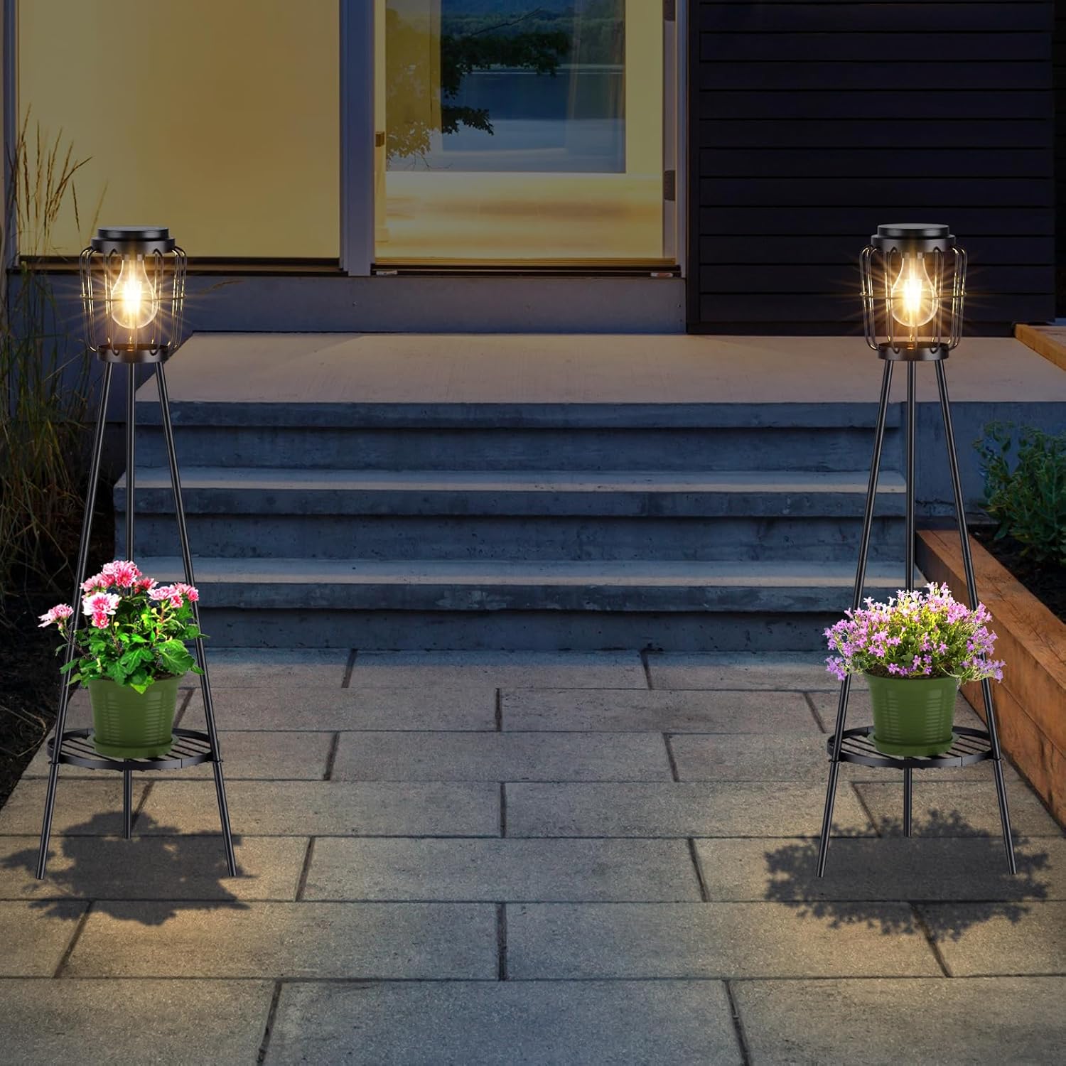 2-Pack Solar Floor Lamps 🌞 LED Edison Bulbs with Plant Stands – Outdoor Solar Lights for Garden, Yard, Pathway, Driveway, Porch Decor 🌿✨