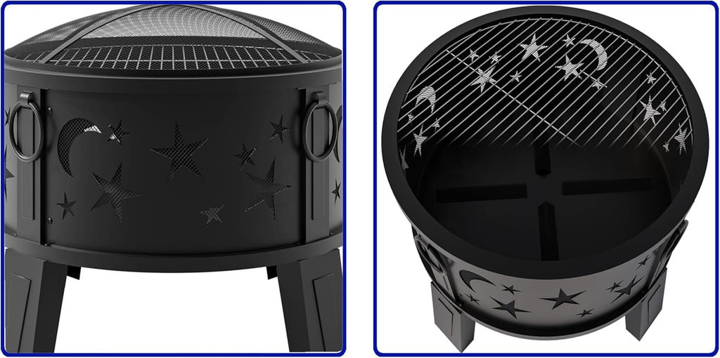 26" Outdoor Fire Pit with Grill & Mesh Cover 🔥 Heavy Duty Wood Burning Patio Fire Bowl for Backyard, Garden & Camping 🌙