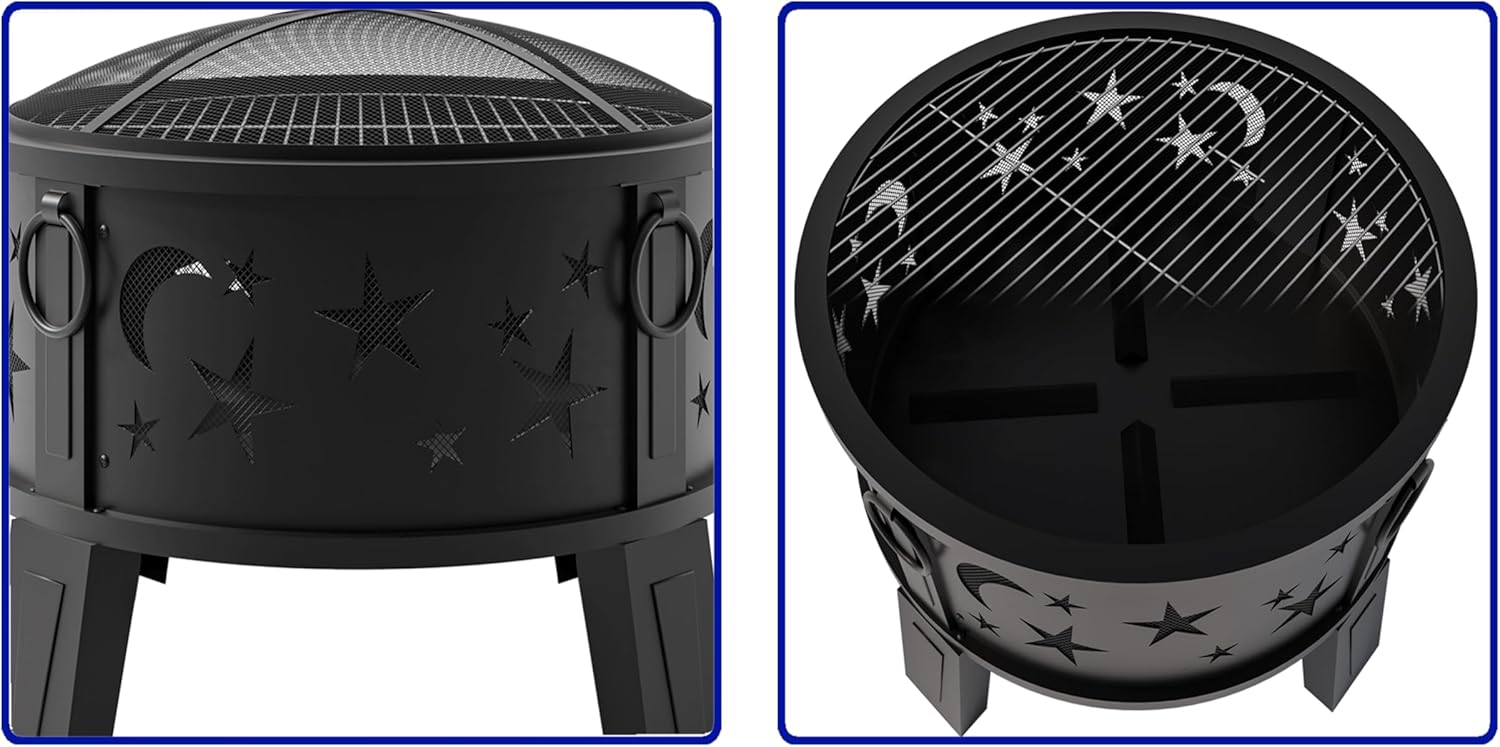 26" Outdoor Fire Pit with Grill & Mesh Cover 🔥 Heavy Duty Wood Burning Patio Fire Bowl for Backyard, Garden & Camping 🌙