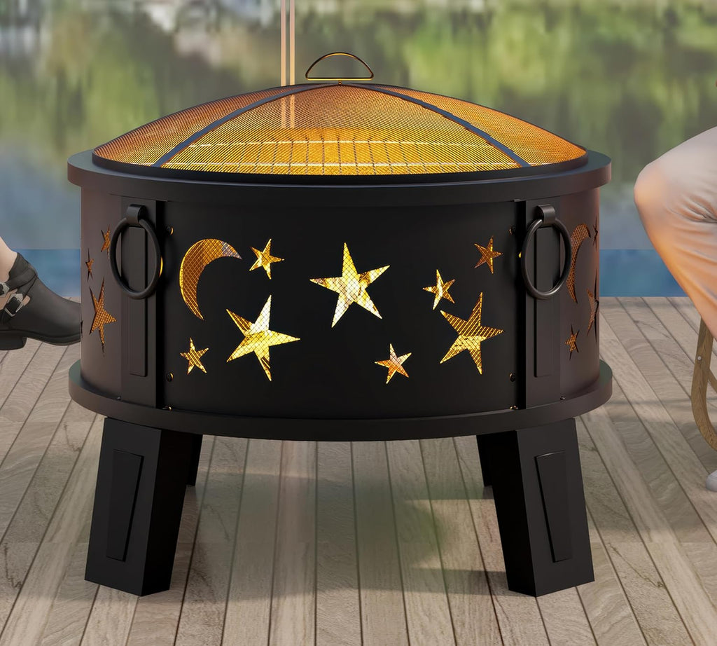26" Outdoor Fire Pit with Grill & Mesh Cover 🔥 Heavy Duty Wood Burning Patio Fire Bowl for Backyard, Garden & Camping 🌙