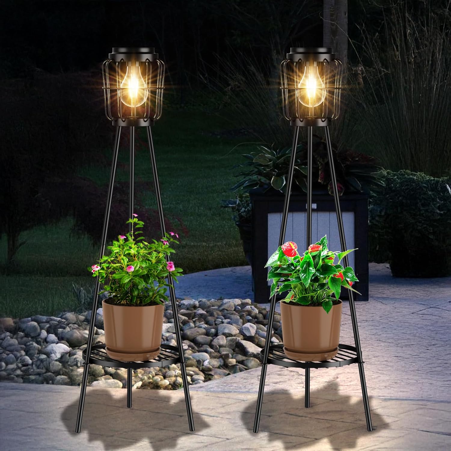 2-Pack Solar Floor Lamps 🌞 LED Edison Bulbs with Plant Stands – Outdoor Solar Lights for Garden, Yard, Pathway, Driveway, Porch Decor 🌿✨