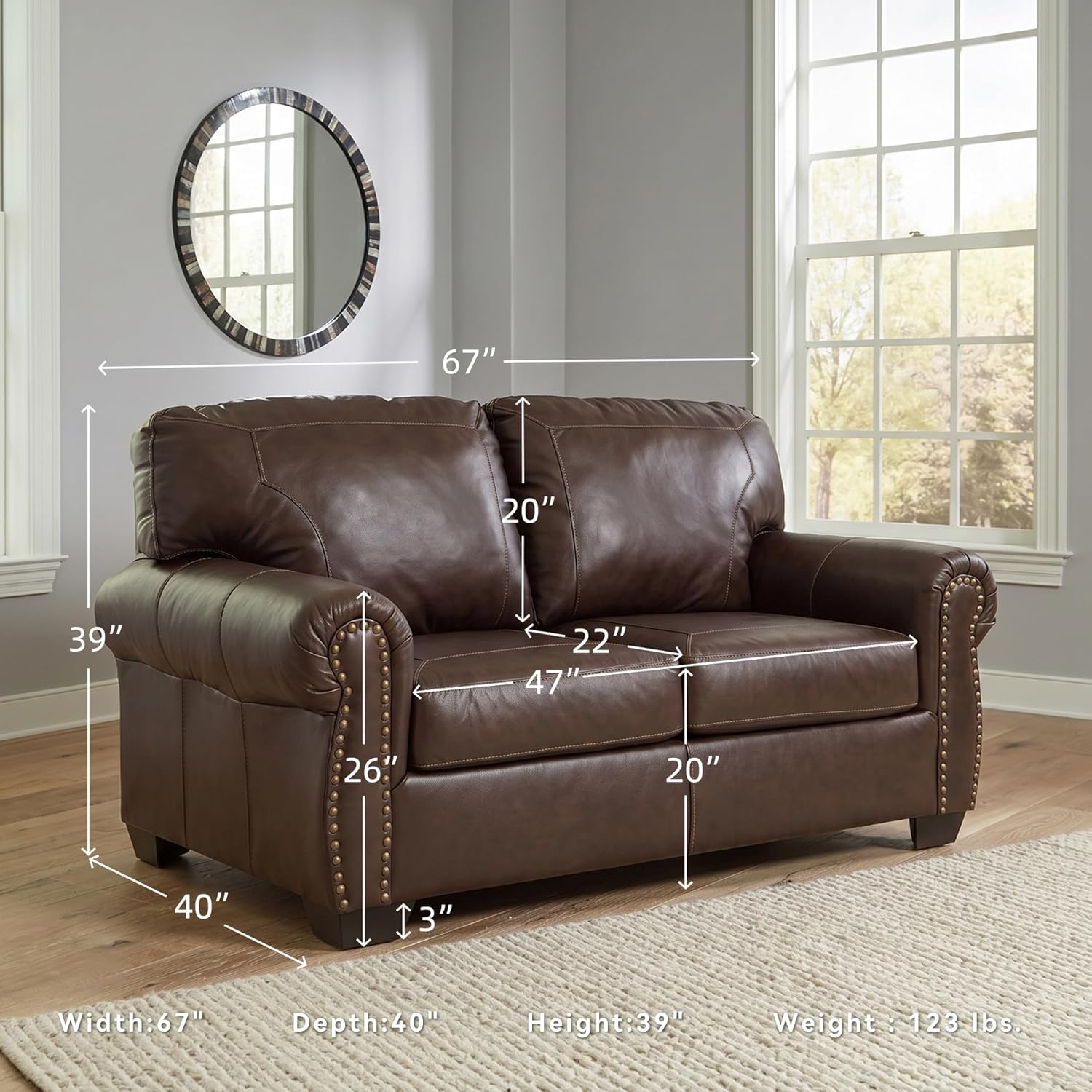 Classic Leather Loveseat with Nailhead Trim, Luxurious Top Grain & Matched Leather – Perfect for Living Room, Office or Den 🛋️✨🌿