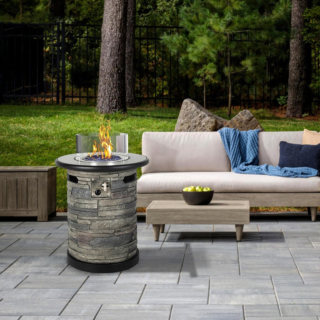 22" Outdoor Propane Fire Pit Table 🔥 Round Porcelain Tile Top Fire Bowl with Auto-Ignition & Glass Rocks 🌙 Perfect for Patio & Backyard