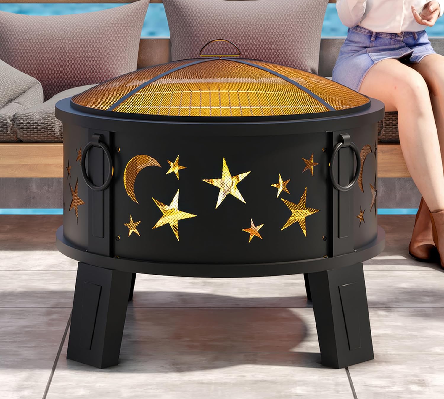 26" Outdoor Fire Pit with Grill & Mesh Cover 🔥 Heavy Duty Wood Burning Patio Fire Bowl for Backyard, Garden & Camping 🌙