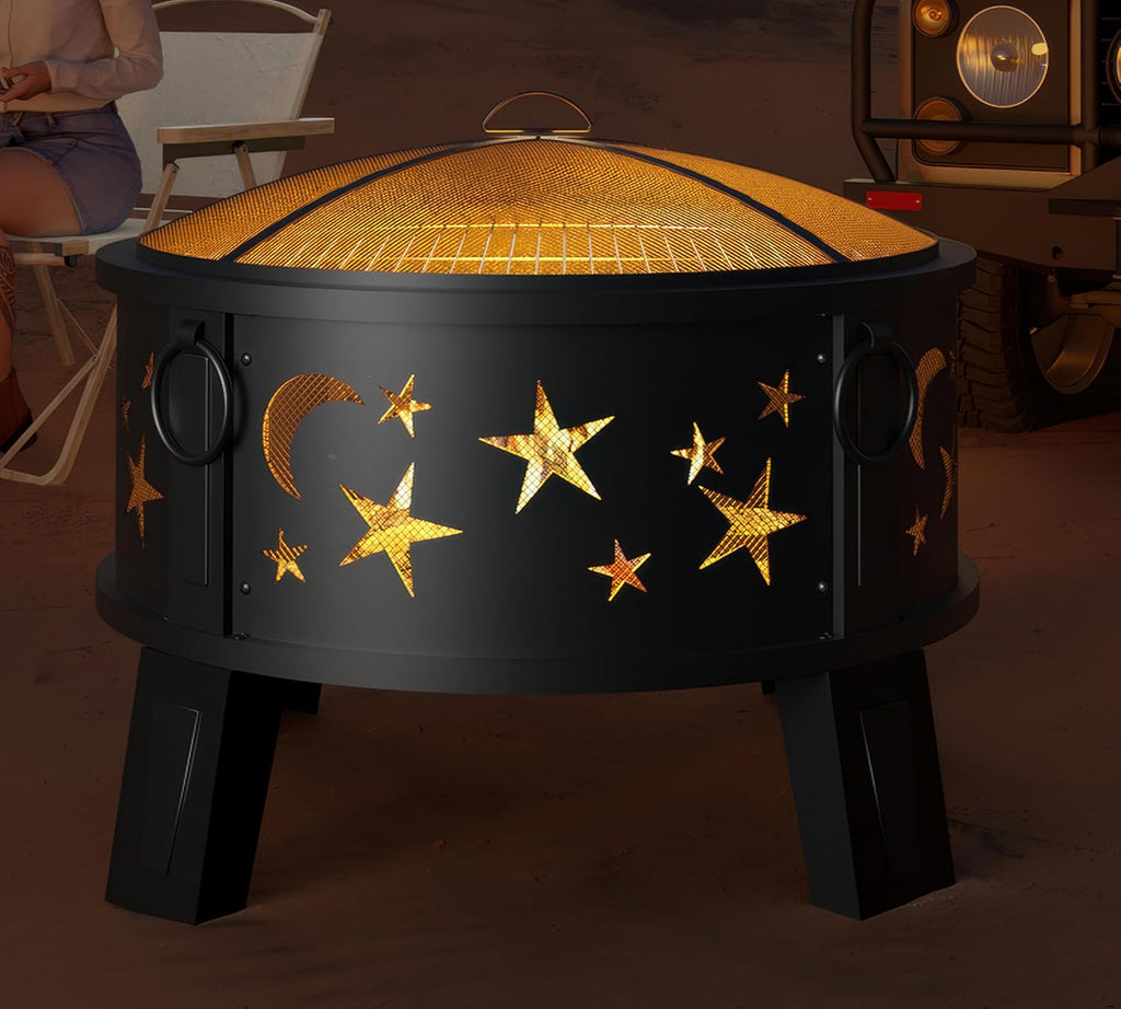 26" Outdoor Fire Pit with Grill & Mesh Cover 🔥 Heavy Duty Wood Burning Patio Fire Bowl for Backyard, Garden & Camping 🌙