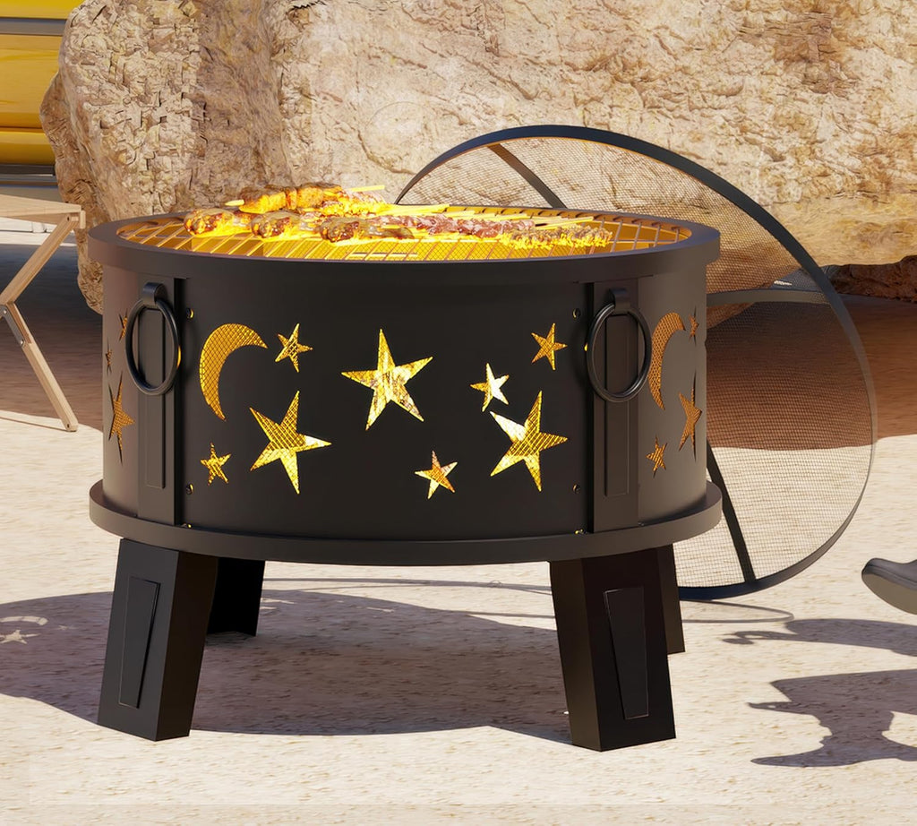 26" Outdoor Fire Pit with Grill & Mesh Cover 🔥 Heavy Duty Wood Burning Patio Fire Bowl for Backyard, Garden & Camping 🌙