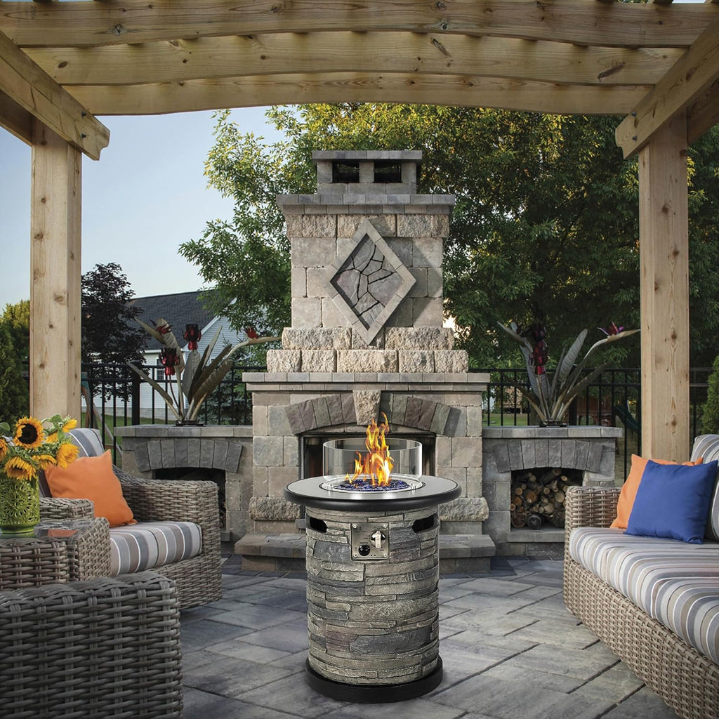 22" Outdoor Propane Fire Pit Table 🔥 Round Porcelain Tile Top Fire Bowl with Auto-Ignition & Glass Rocks 🌙 Perfect for Patio & Backyard