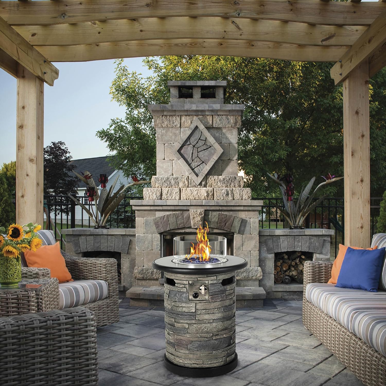 22" Outdoor Propane Fire Pit Table 🔥 Round Porcelain Tile Top Fire Bowl with Auto-Ignition & Glass Rocks 🌙 Perfect for Patio & Backyard